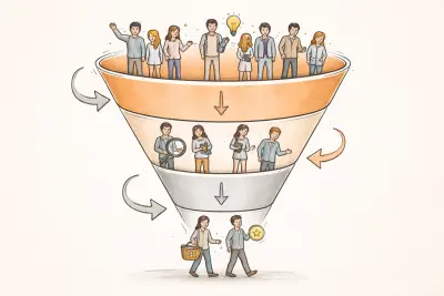 Illustrierter Conversion-Funnel mit kleinen Figuren, die verschiedene Phasen einer Kundenreise durchlaufen
